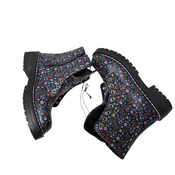 Sugar Kaedy Blue Pink Red Yellow Floral Combat Boots 8.5M - Picture 3 of 10